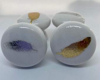 Gold or Silver Metallic Feather on White Drawer Knobs, Decoupage Drawer Handles, Drawer Pulls, Cabinet Handles
