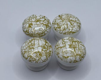 White Gloss Drawer Knobs with Gold Distressed Effect, 35mm Decoupaged Handles (with fixings)
