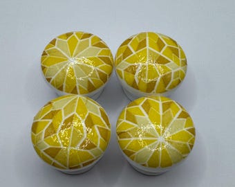 Yellow Geometric Patterned Drawer Knobs: Decoupaged, 35mm with fixings