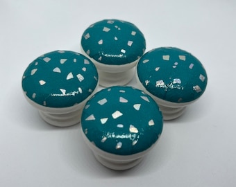 Teal with Holographic Silver Pattern Decoupage Wooden Drawer Knobs: 35mm, with fixings