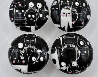 Black & White Cartoon Cat Pattern Drawer Knobs,  Decoupaged Wooden Pulls (35mm) with fixings