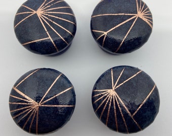 Handmade Navy & Rose Gold Art Deco Style Wooden Drawer Knobs - 35mm with fixings