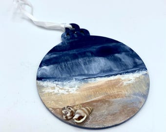 Handpainted Wooden Bauble, Encaustic Art, Beeswax, Seascape, Shells, Christmas Decoration, Artscenicbylynne