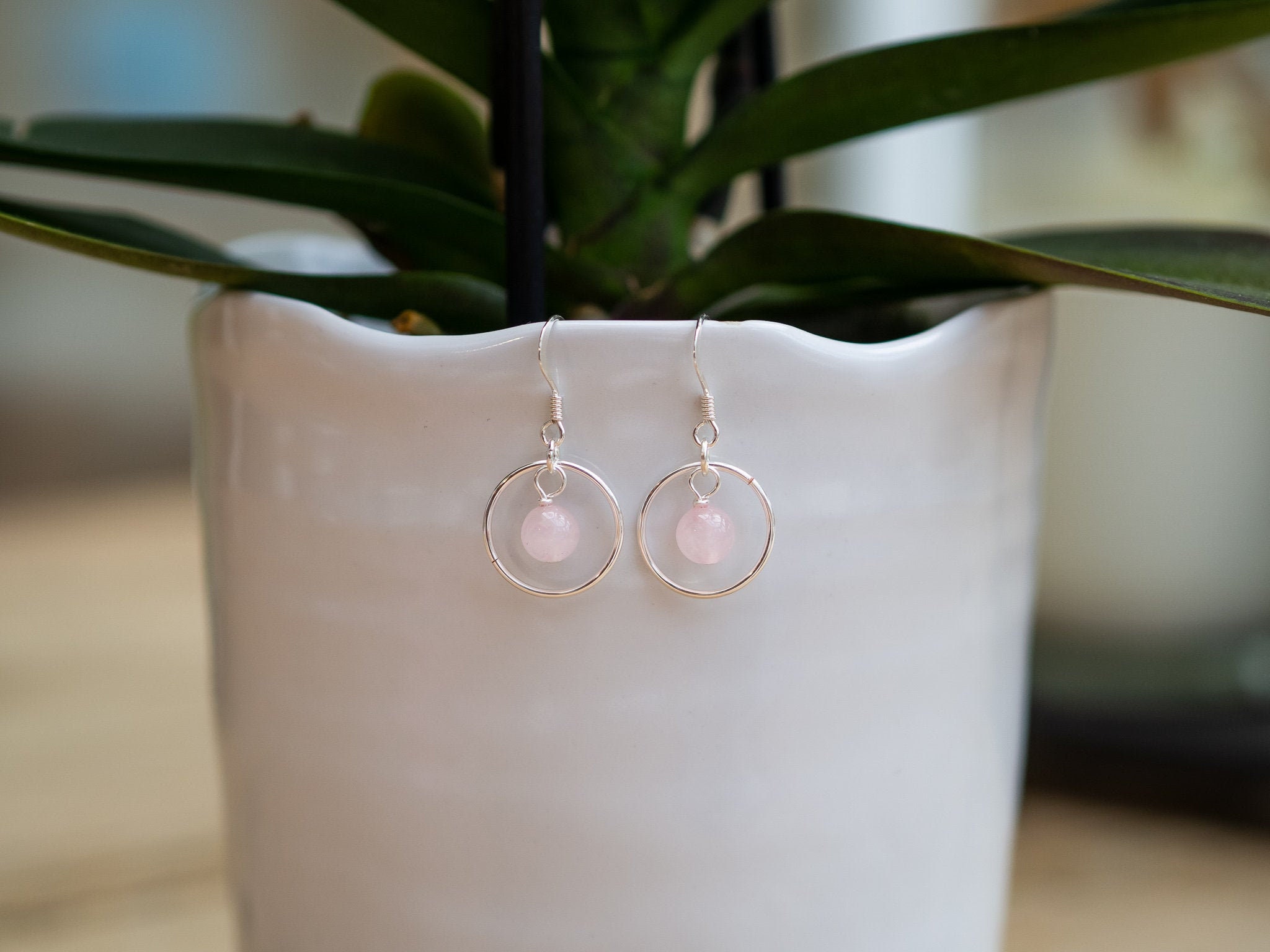 Josie Rose Quartz Hoop Drop Earrings - Sterling Silver, April Birthst…