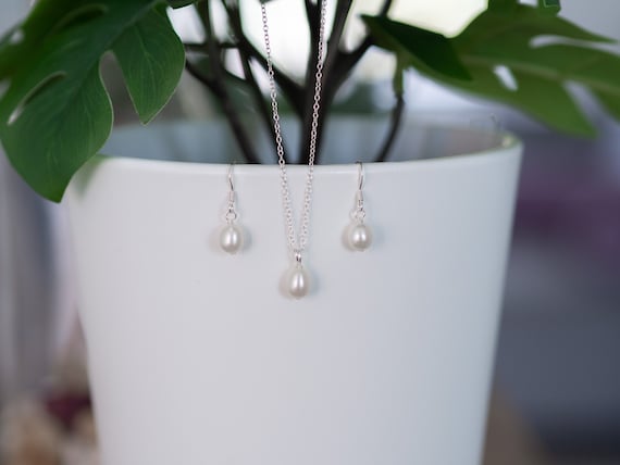Maisy Freshwater Pearl Earring and Necklace Set - Sterling Silver, June Birthstone, 30th Anniversary