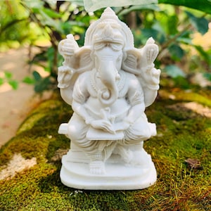 White Ganesha stone statue Lord Hindu God of Success Ganesh meditation figurine Elephant God sculpture Writing Reading Book Ganapati idol