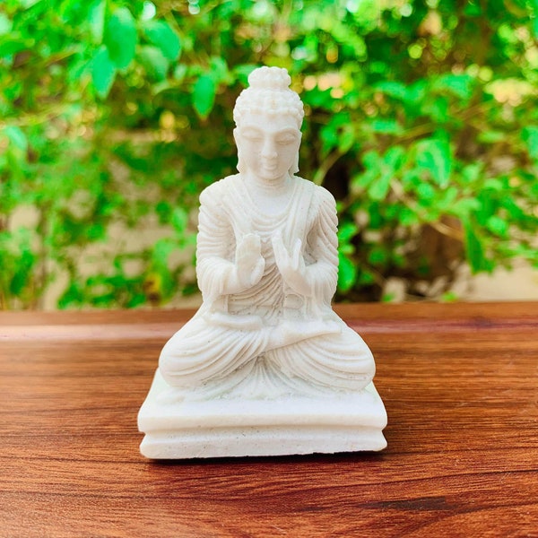 White Stone Small Buddha Statue Meditating Buddha Sculpture Seated Peaceful Buddha figure Gotama medicine buddah Gift for Buddhist Religious