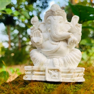 May include: White Ganesha statue with a trunk curled to the left, sitting on a tiered base. The statue is placed on a bed of moss and grass.
