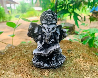 Black & Silver Ganesha Statue: Dolomite Stone Hindu God Idol