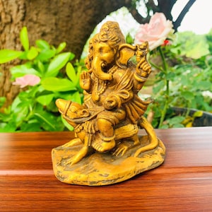 Gold Ganesha Seated On His Mouse Statue | Hindu Elephant God | Spiritual Gift | Diwali Decoration | Hindu God of Success Ganesh figurine