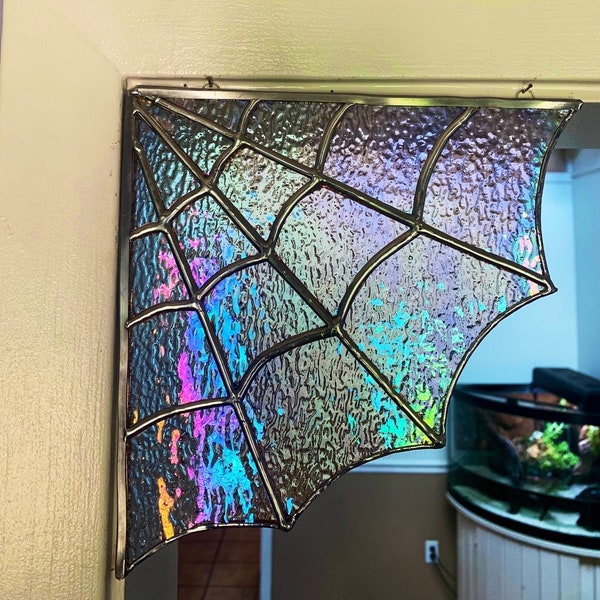 Stained Glass Spiderweb Corner, unique, home decor, gothic, steampunk, boho, witchy, Halloween decor, doorway, corner piece, Christmas gift