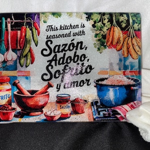 Latin Kitchen Decor Glass Cutting Board | Sazón Adobo Sofrito y Amor | Spanish Cooking Gift | Tempered Glass Chopping Board | 3 Sizes