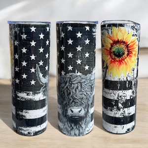 Highland Cow Tumbler | Sunflower Flag Tumbler | 20oz Double Wall Stainless Steel | Farmhouse Cow Cup | Western Gifts | Cow Lover Tumbler