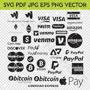 Può includere: Una collezione di loghi in bianco e nero per metodi di pagamento popolari, tra cui Visa, Mastercard, PayPal, Venmo, Apple Pay, Amazon e Bitcoin.