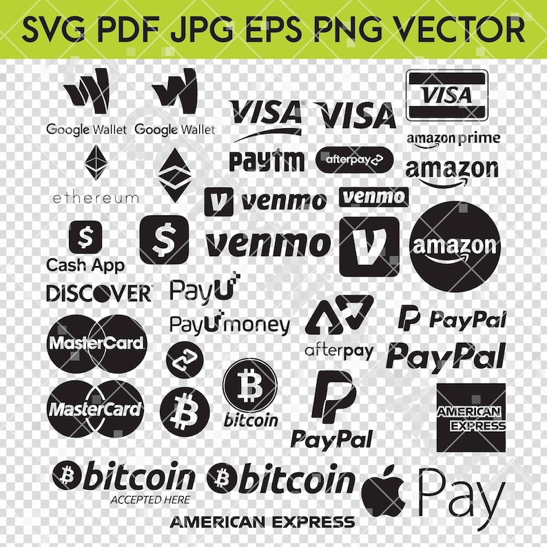 May include: A collection of black and white logos for popular payment methods, including Visa, Mastercard, PayPal, Venmo, Apple Pay, Amazon, and Bitcoin.