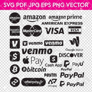 Könnte beinhalten: Eine Sammlung von schwarz-weißen Logos für verschiedene Zahlungsmethoden, darunter Amazon, American Express, Mastercard, Visa, Venmo, Apple Pay, Cash App, Bitcoin, PayPal und Afterpay. Der Text "SVG PDF JPG EPS PNG VECTOR" ist ebenfalls enthalten.
