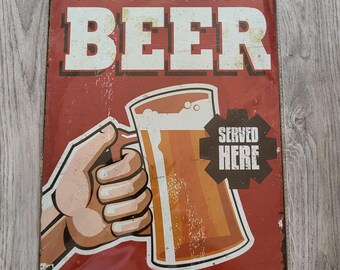 Premium Beer Served Here Sign 30cm x 20cm Retro Vintage Wall Art Bar Man Cave Sign