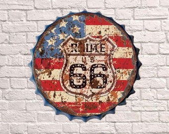 Route 66 Flag 40cm Diameter Retro Vintage Bottle Top Wall Display Sign