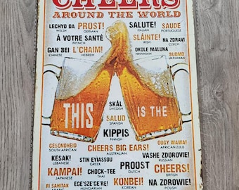 Cheers Around The World Sign 30cm x 20cm Retro Vintage Wall Art Bar Man Cave Sign