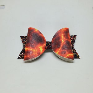 Handcrafted Hair Bow Large Red Black Flame Faux Leather