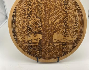 Árbol de la vida Lazy Susan grabado con láser hecho a mano con flores