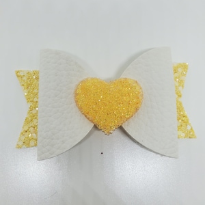 Handcrafted Hair Bow Large Premium Yellow White Heart Charm Faux Leather