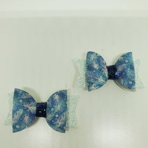 Handcrafted Hair Pig Tail Bow Set Blue Glitter Feather Faux Leather