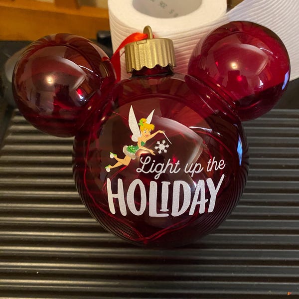 Disney Red Plastic Mickey Ear Ornament Light Up The Holiday Tinkerbell