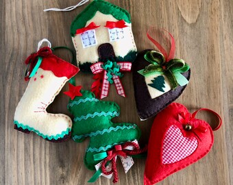 Christmas Felt ornament, Set Christmas Tree Ornament, Five tree Decorations, Handmade Christmas Ornament