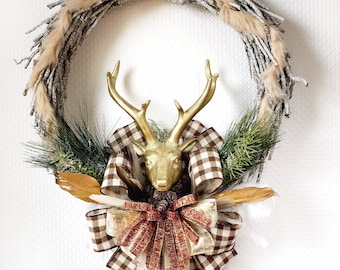 Christmas Deer, Wreath with Gold Antler, Christmas Door Decoration, Elegant Wreath, Gold Antler, Branches Wreath, Christmas Home Decor