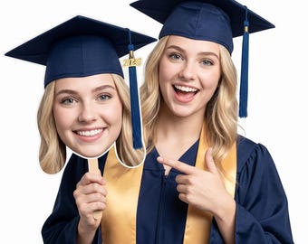 Custom Graduation Big Head Cutout on a Stick 6 to 48 Inch Personalized Face Cutout with Optional Graduation Cap for Graduation Parties