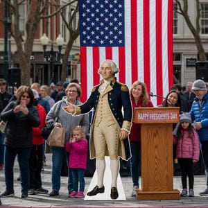 May include: A life-size cardboard cutout of George Washington in a blue military coat and cream breeches stands next to a wooden podium with a sign that reads Happy Presidents Day, positioned in front of a large hanging American flag.