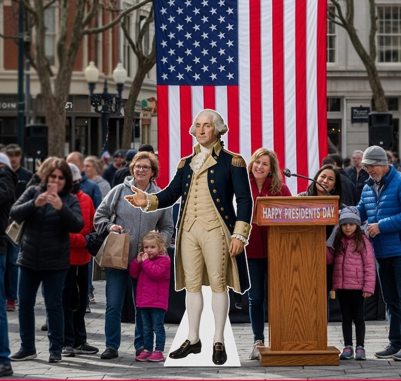 May include: A life-size cardboard cutout of George Washington in a blue military coat and cream breeches stands next to a wooden podium with a sign that reads Happy Presidents Day, positioned in front of a large hanging American flag.
