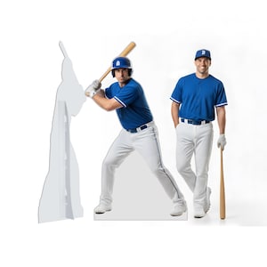 May include: A life-size cardboard cutout of a baseball player in a blue jersey, white pants, and blue helmet holding a wooden bat, standing next to a person wearing a blue baseball cap, blue jersey, and white pants holding a wooden bat.