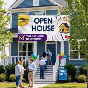 May include: A large rectangular vinyl banner with the text OPEN HOUSE in bold blue letters, featuring a yellow house illustration, a gold key, a clock, and a document. The banner includes a yellow corner tab stating OPENS AT 2 PM and a purple section with the text TOUR THIS HOME! ALL WELCOME!