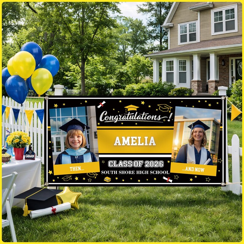 May include: A graduation banner with the text "Congratulations!" and "AMELIA CLASS OF 2026 SOUTH SHORE HIGH SCHOOL". The banner has photos of a graduate. Balloons and graduation decorations are in the background.