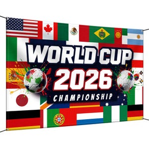 May include: A banner featuring the text "WORLD CUP 2026 CHAMPIONSHIP" in white and red. The banner includes soccer balls and flags of various countries, including the USA, Canada, and Mexico. The background is a collage of flags.