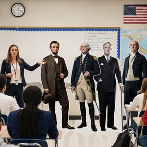 May include: A classroom scene featuring a teacher gesturing toward four life-sized cardboard cutouts of historical figures: Abraham Lincoln, George Washington, Franklin D. Roosevelt, and Thomas Jefferson, standing before a whiteboard and US flag.