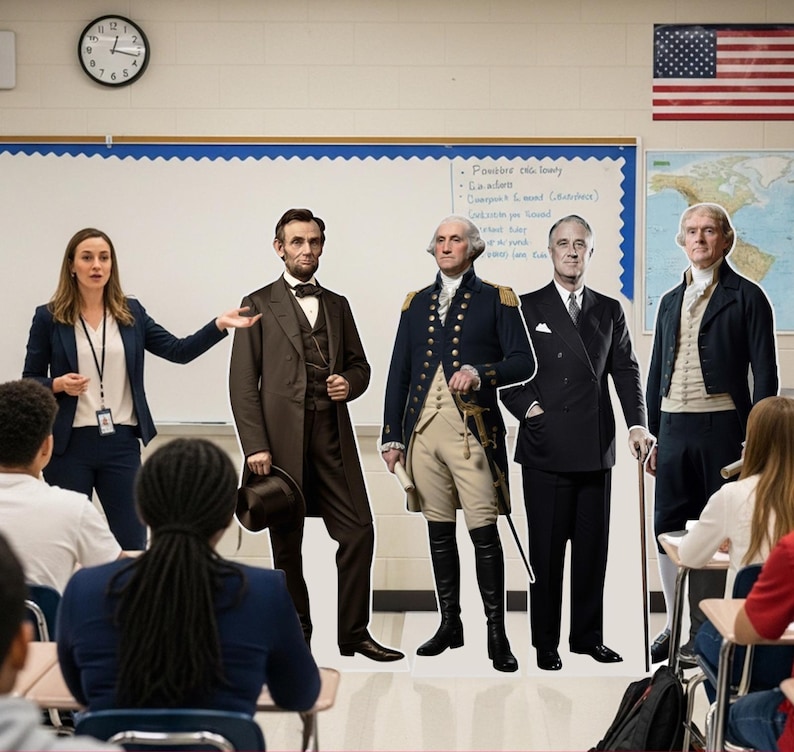 May include: A classroom scene featuring a teacher gesturing toward four life-sized cardboard cutouts of historical figures: Abraham Lincoln, George Washington, Franklin D. Roosevelt, and Thomas Jefferson, standing before a whiteboard and US flag.