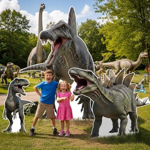 May include: A group of dinosaur statues with a boy and a girl posing in front of them. The dinosaurs are various sizes and colors, including a large Spinosaurus and a Stegosaurus. The children are smiling and appear to be enjoying themselves.