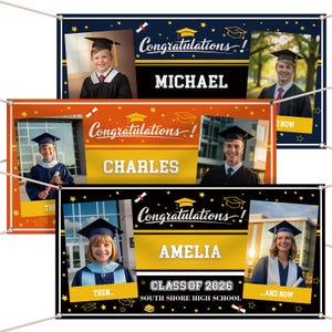 May include: Graduation banners with photos of graduates, the text "Congratulations!" and the names Michael, Charles, and Amelia. The banners are in navy blue, orange, and black with gold accents. The banners also include the text "Class of 2026" and "South Shore High School."
