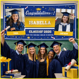 May include: A graduation banner with the text "Congratulations! ISABELLA CLASS OF 2026 SOUTH SHORE HIGH SCHOOL". The banner features photos of graduates in caps and gowns, with a blue and gold color scheme. The banner is surrounded by a yellow border.