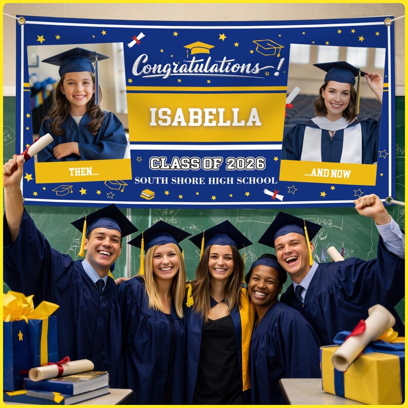 May include: A graduation banner with the text "Congratulations! ISABELLA CLASS OF 2026 SOUTH SHORE HIGH SCHOOL". The banner features photos of graduates in caps and gowns, with a blue and gold color scheme. The banner is surrounded by a yellow border.