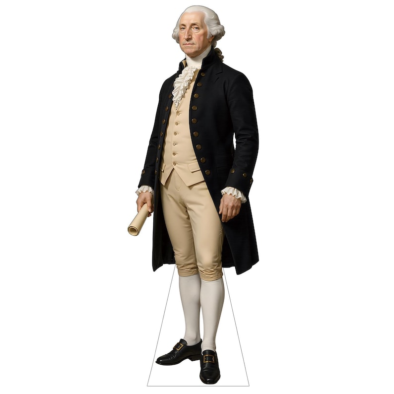 May include: A life-sized cardboard cutout of George Washington wearing an 18th-century ensemble consisting of a dark navy blue coat, a beige waistcoat, matching beige breeches, white stockings, and black buckled shoes, holding a rolled document.