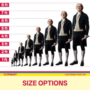 May include: A height chart featuring eight identical figures of Thomas Jefferson in 18th-century attire, including a black coat, beige vest, and white stockings. The figures range from 1 ft to 8 ft tall, with text labels 111PRINT and SIZE OPTIONS.