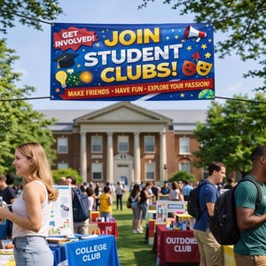 May include: A rectangular blue banner with yellow text that reads JOIN STUDENT CLUBS! and GET INVOLVED! in a red starburst. It features icons of a graduation cap, lightbulb, megaphone, and theater masks, with the text MAKE FRIENDS, HAVE FUN, EXPLORE YOUR PASSION!