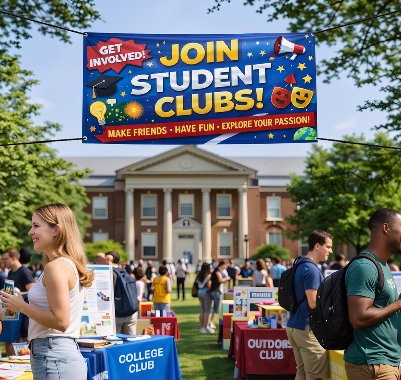 May include: A rectangular blue banner with yellow text that reads JOIN STUDENT CLUBS! and GET INVOLVED! in a red starburst. It features icons of a graduation cap, lightbulb, megaphone, and theater masks, with the text MAKE FRIENDS, HAVE FUN, EXPLORE YOUR PASSION!
