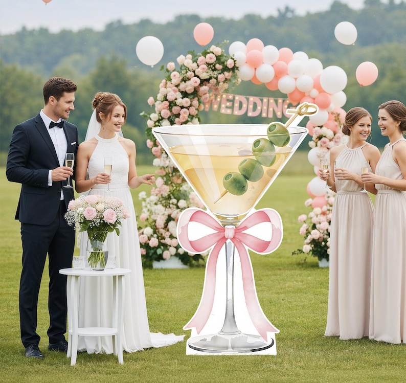 May include: A large, flat, die-cut cardboard cutout of a martini glass filled with a yellow liquid and three green olives on a cocktail pick. The glass stem is decorated with a large, light pink ribbon bow at the base of the bowl.