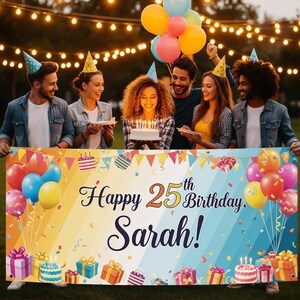 May include: A rectangular birthday banner with a diagonal gradient of yellow, orange, and blue. The text reads Happy 25th Birthday, Sarah! in black script and serif fonts. The banner features colorful illustrations of balloons and gift boxes.