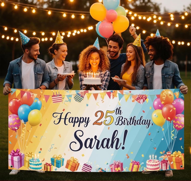 May include: A rectangular birthday banner with a diagonal gradient of yellow, orange, and blue. The text reads Happy 25th Birthday, Sarah! in black script and serif fonts. The banner features colorful illustrations of balloons and gift boxes.